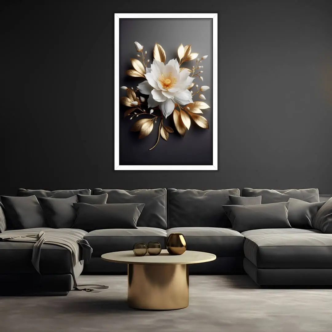 Quadro-Decorativo Floral-Branco-e-Dourado-Big's
