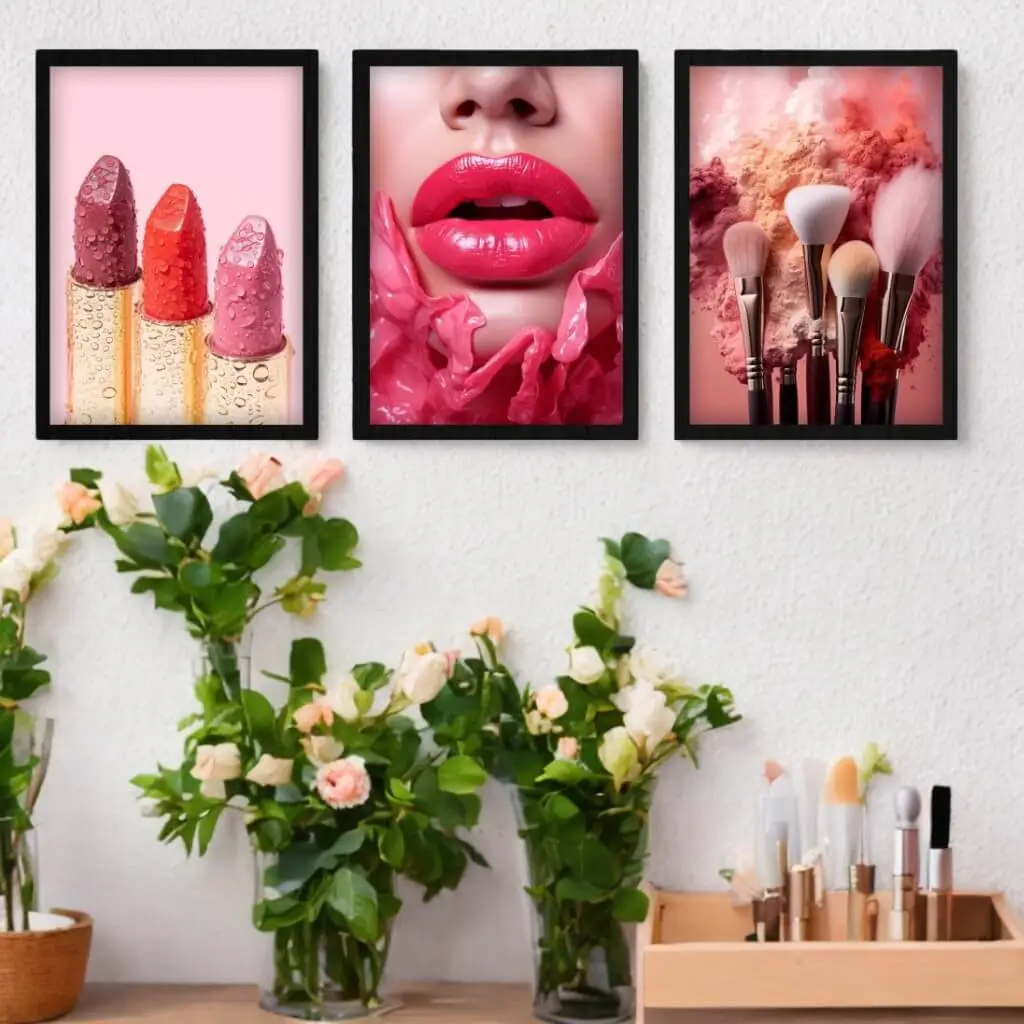 Kit 3 Quadros Moda Batons e Maquiagens - Imagem 2