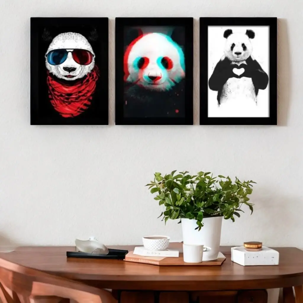Kit 3 Quadros Pandas 3D - Imagem 1