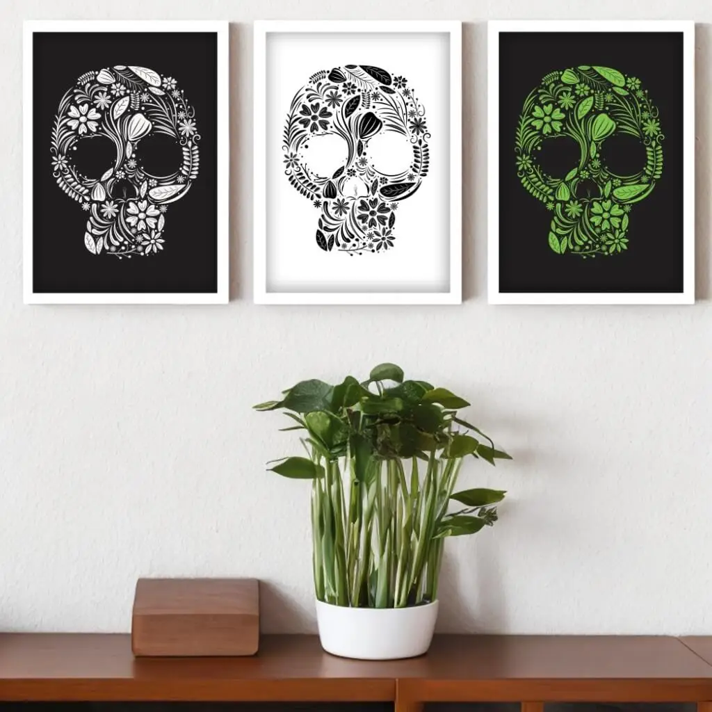 Kit 3 Quadros Skulls Flowers - Imagem 2