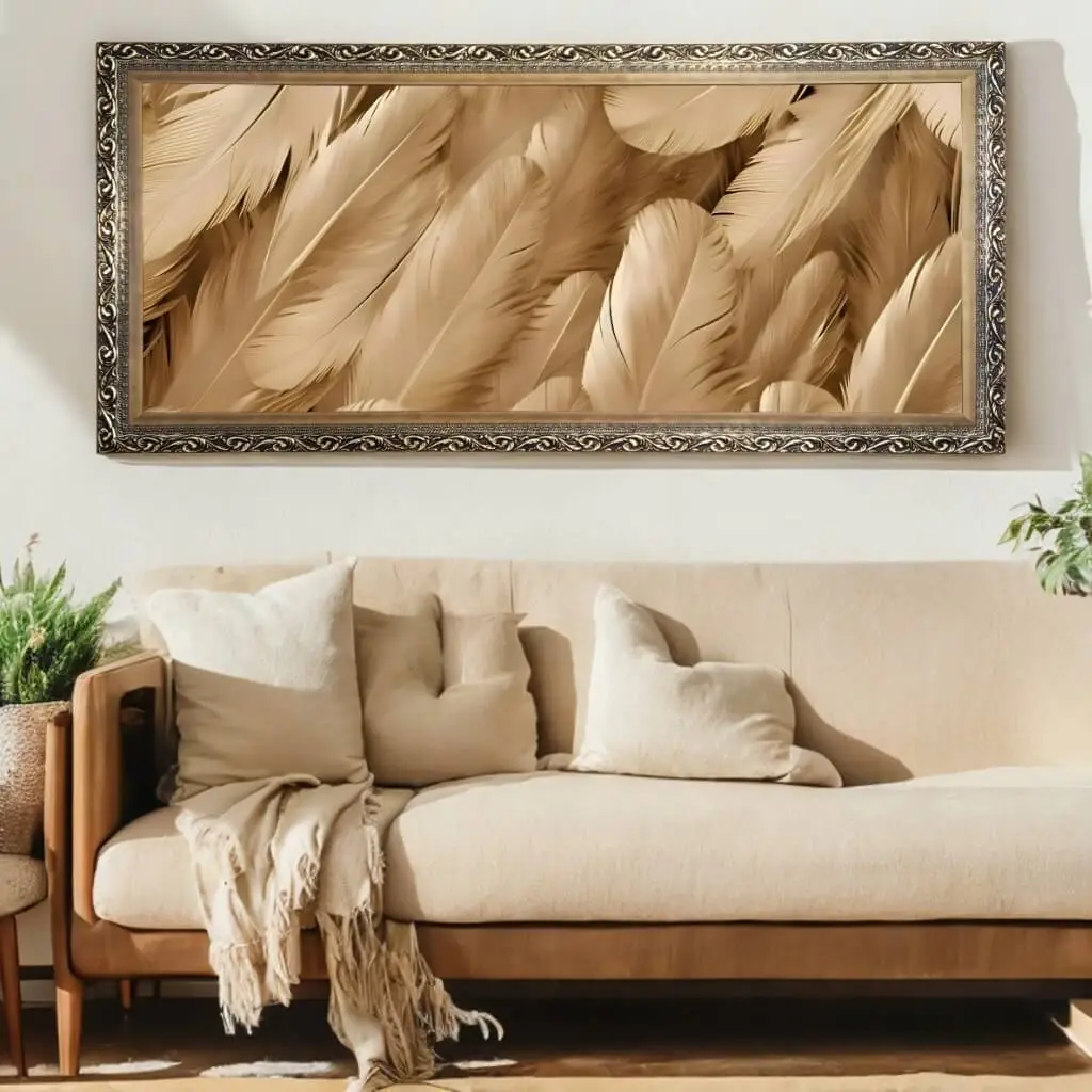 1884 P LUXO DOURADA Quadro-Decorativo-Penas-Bege - Panorâmico