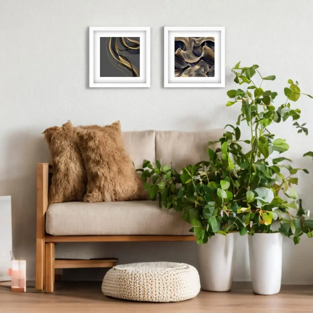 Kit 2 Quadros Quadrados Abstrato Cinza Dourado - Imagem 2