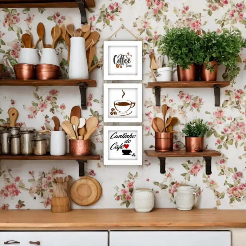 Trio de Quadrinhos com Cordinha Sisal tema café com moldura branca
