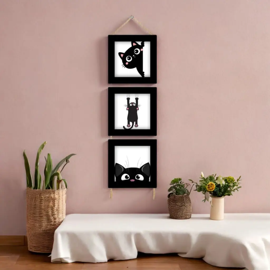 Trio Quadrinhos com Cordinha Sisal Gatinhos moldura branca Trio de Quadrinhos com Cordinha Sisal tema Pet