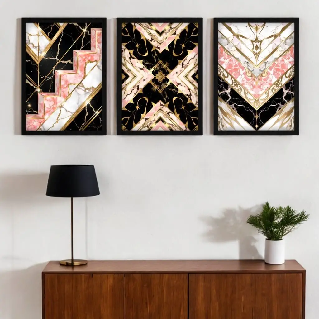 Kit-3-Quadros-Abstrato-Rosa-Dourado