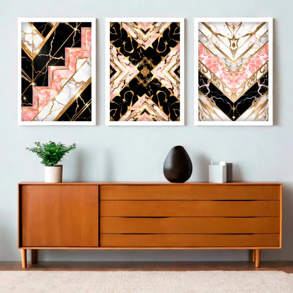 Kit 3 Quadros Abstrato Rosa e Dourado - Imagem 2