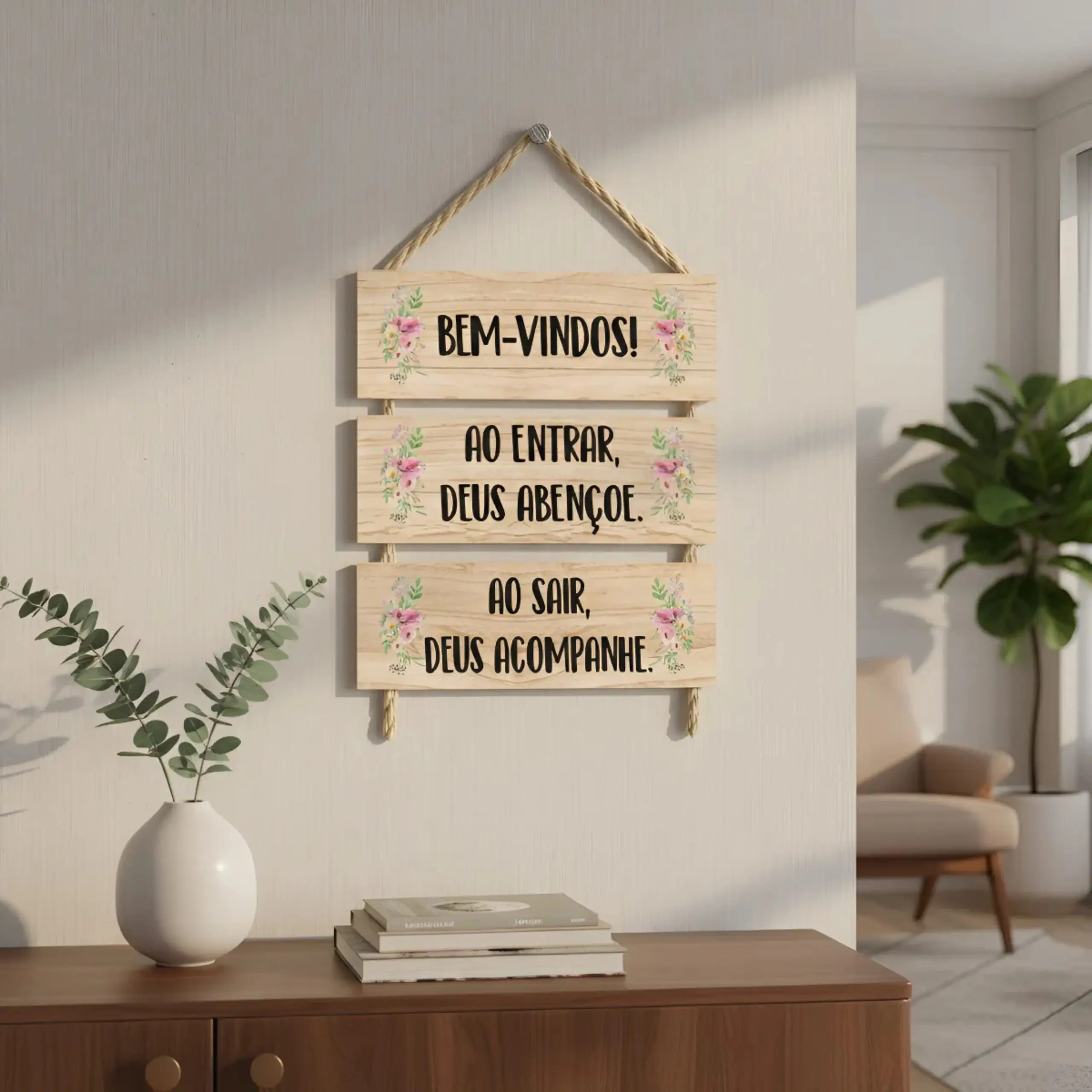 Placa 3 Partes Bem Vindo Tipo Madeira - Imagem 1