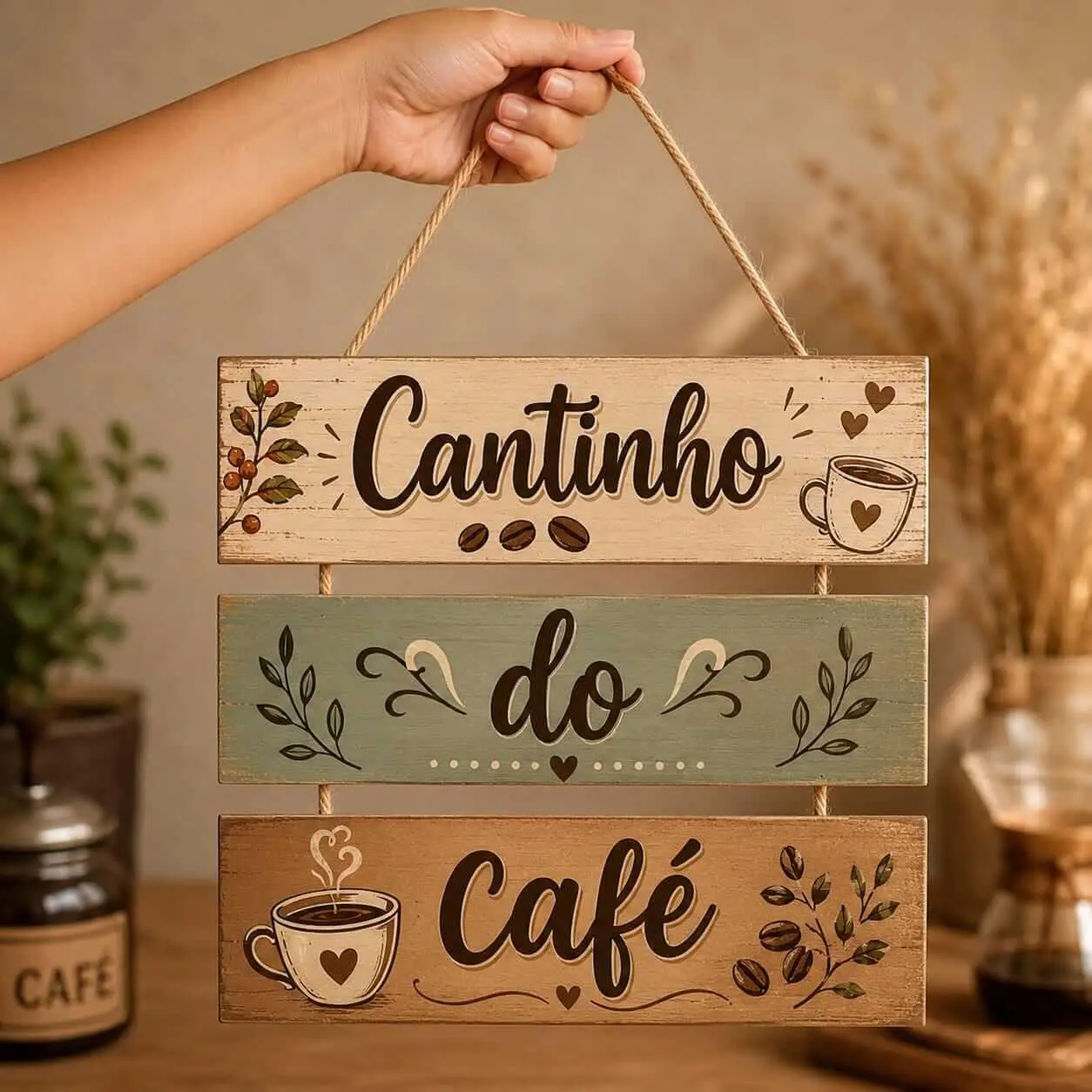 Placa 3 Partes - Cantinho Do Café - boho