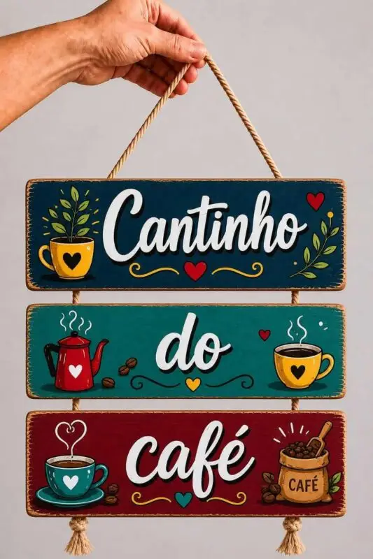 Placa 3 Partes - Cantinho do Café - Colorido