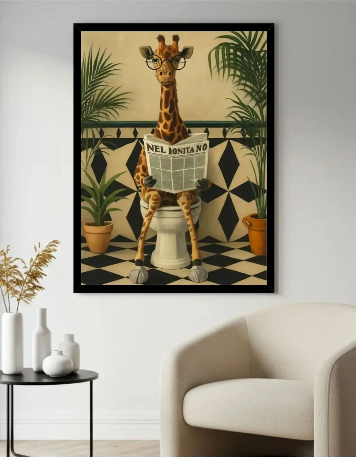 Quadro Decorativo - Girafa no Banheiro - Imagem 1