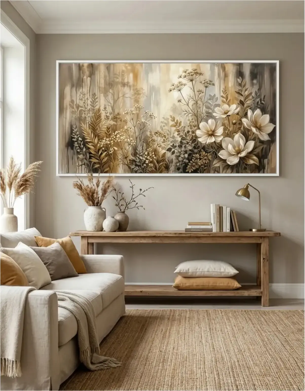 Quadro Decorativo Floral Bege - Modelo Panorâmico - Imagem 1