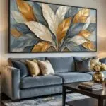 Quadro Decorativo Floral Dourado e Azul - Modelo Panorâmico