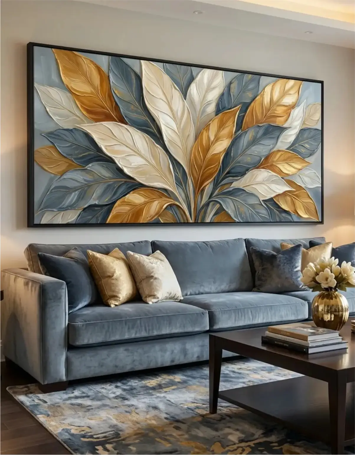 UP09 Quadro Decorativo Floral Dourado e Azul - Modelo Panorâmico - Imagem 1