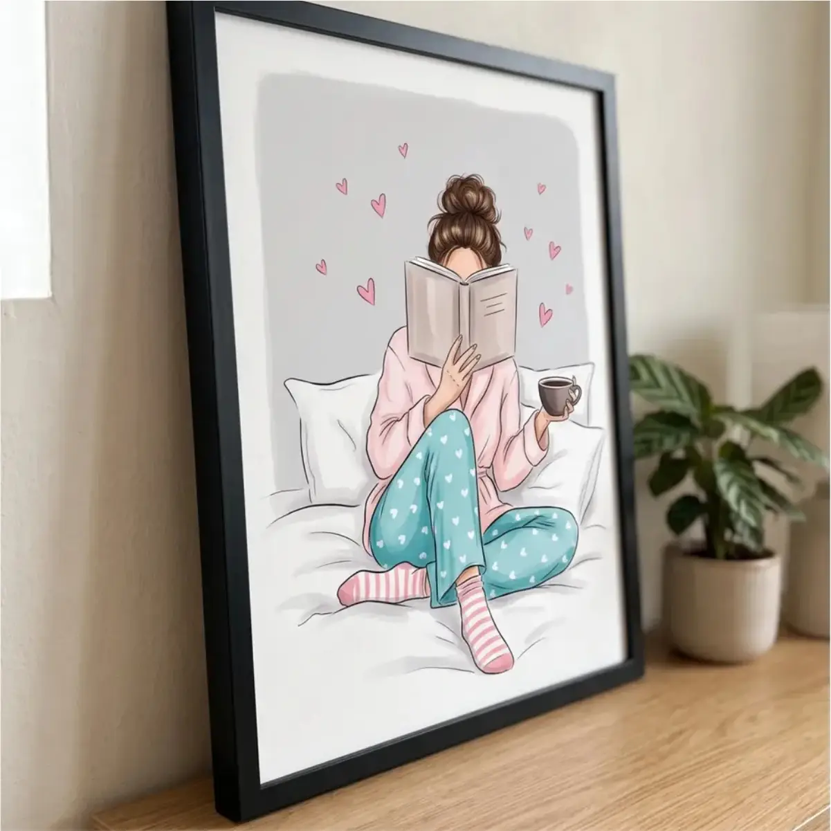 Quadro Decorativo - Garota lendo e tomando chá - Imagem 1