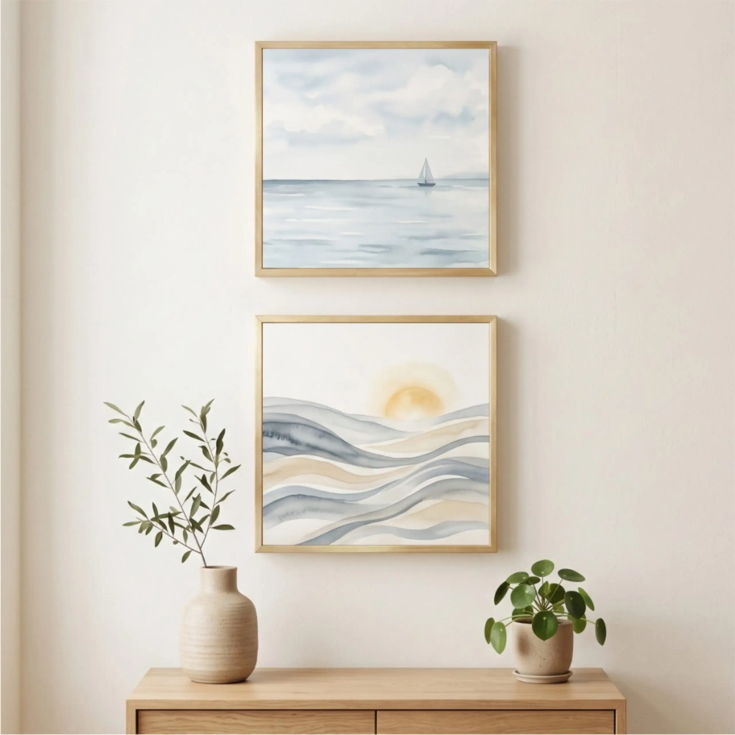 QV 056 Kit 2 Quadro 20×20 - Dupla Mar - por do sol - Imagem 1