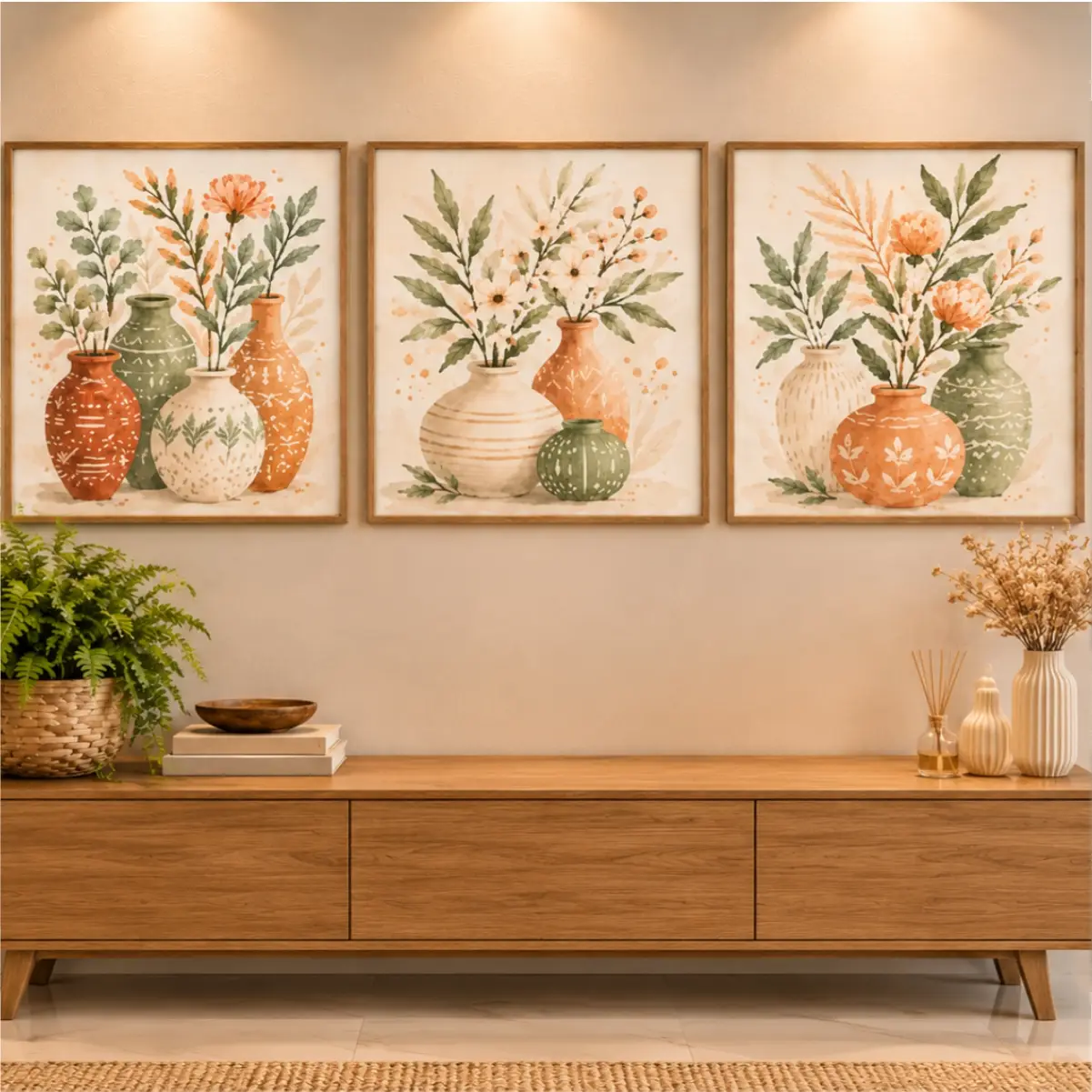 Kit 3 Quadros 20x20 - Vasos Floridos - Imagem 1